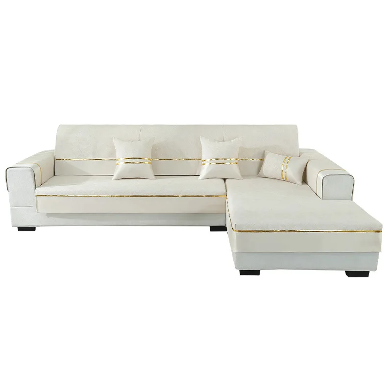 1pc Solid Color Sofa Cover Cotton Linen Four Season Anti-Slip With Gold Lines Decor, Couch Seat Cover Blanket Modern Living Room 6