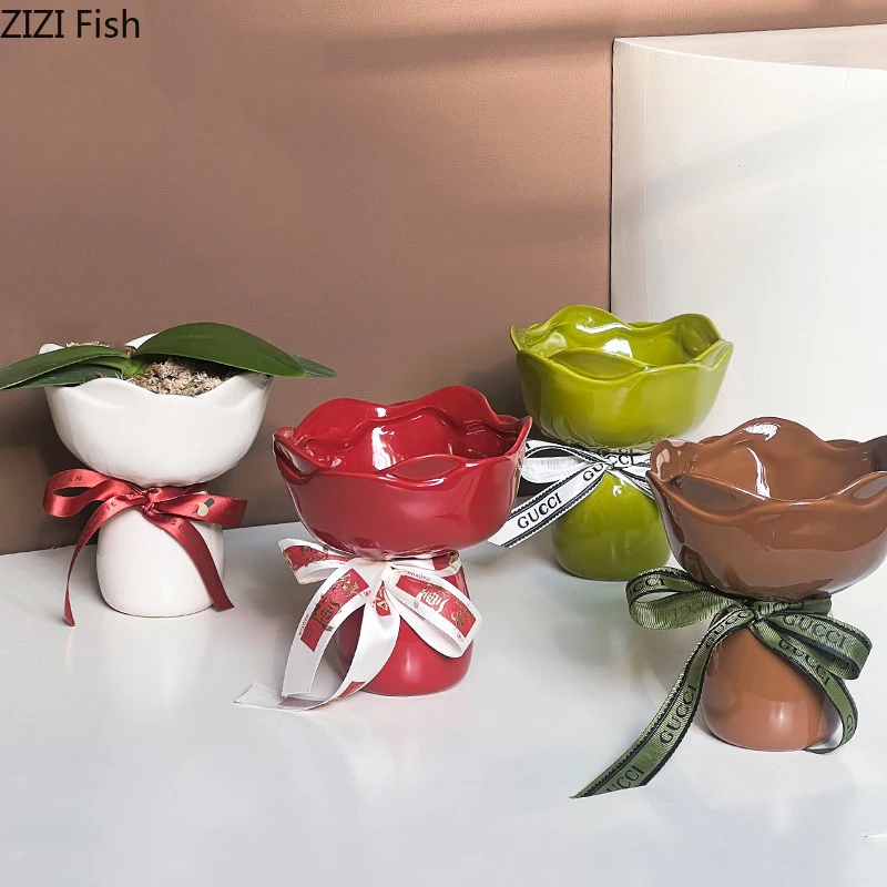 Creative Rose Flower Shape Ceramic Vase Desk Decoration Flowers Arrangement Girding Decorative Floral Vases Room Aesthetic Decor 5