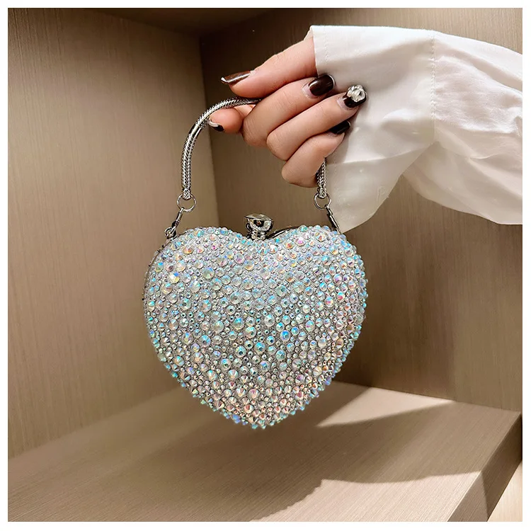 Heart Shape Crystal Clutch Purse Wedding Party Shoulder Bag