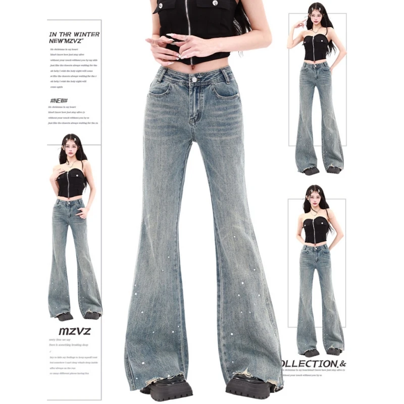

Синие женские джинсы с высокой талией, расклешенные брюки, прямые мешковатые джинсовые брюки, Европейская и американская мода, женские джинсовые брюки с широкими штанинами Y2K