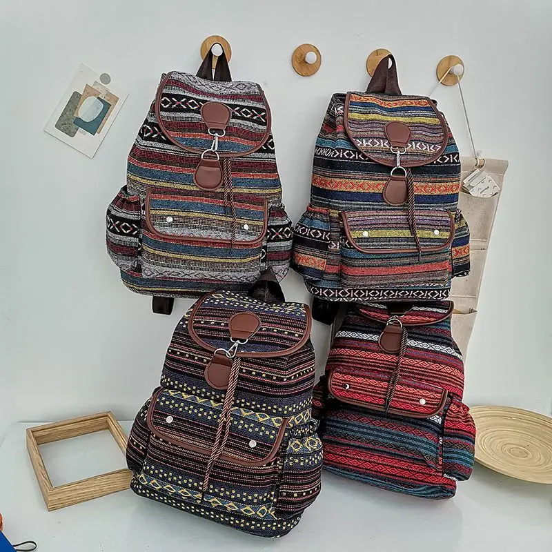 Travel Cotton Canvas Backpack Bags Bohemian Striped Backpacks