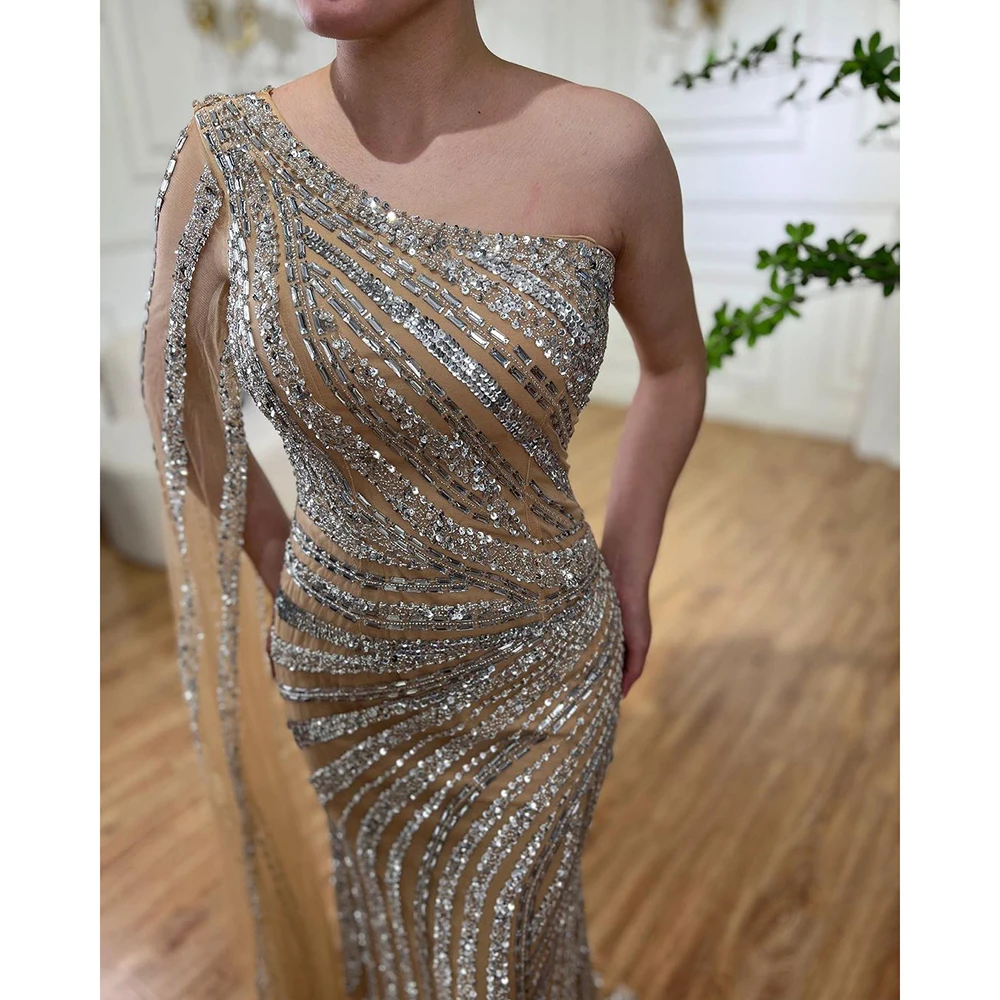 Evening Dresses Women One Shoulder Beaded Mermaid