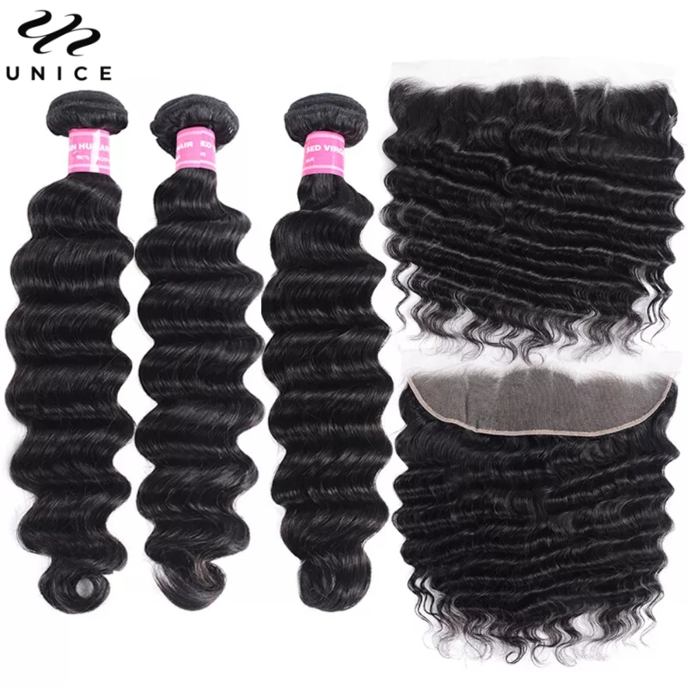 Unice Hair Loose Deep Wave Human Hair Bundles 3PCS With 13x4 Lace Frontal Make 250% Density Wig