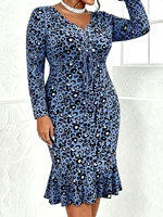 Plus Size Blue Leopard Print Bodycon Midi Dress V Neck Long Sleeve Lace up Ruffle Hem Women's Party Evening Wear - Image 5