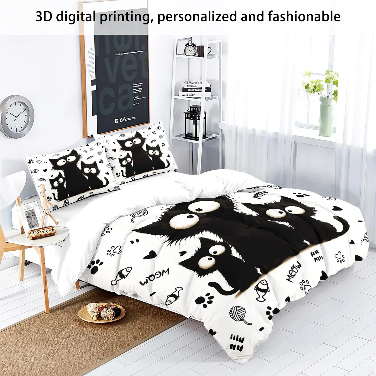 3pc Black Cat Printed Bedding Set with Coreless, Soft and Comfortable Multi Size Machine Washable 1 Duvet Cover+2 Pillowcases