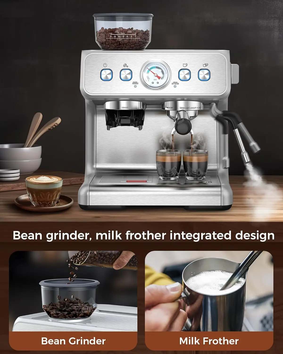 Espresso Machine 15 Bar, Semi-Automatic Espresso Maker with Bean Grinder and Milk Frother Steam Wand 5