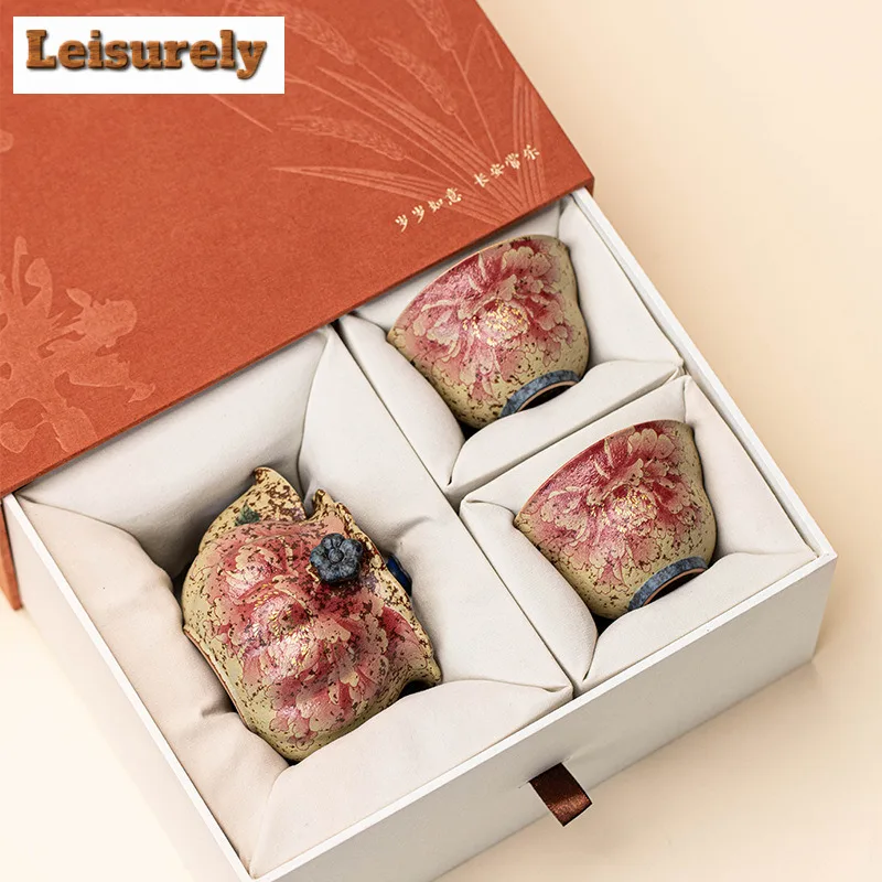 Kiln Fambe Firestone Red Peony Tea Set Complete Set Boutique Tea Ceremony Set Household Teapot And Tea Cup Set Teaware Craft