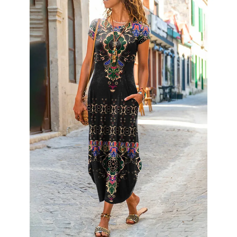 Women Summer Dress Round Neck Pocket Short Sleeve Floral Printed Ankle Length Long Women Dresses Vestidos YSX9021 3