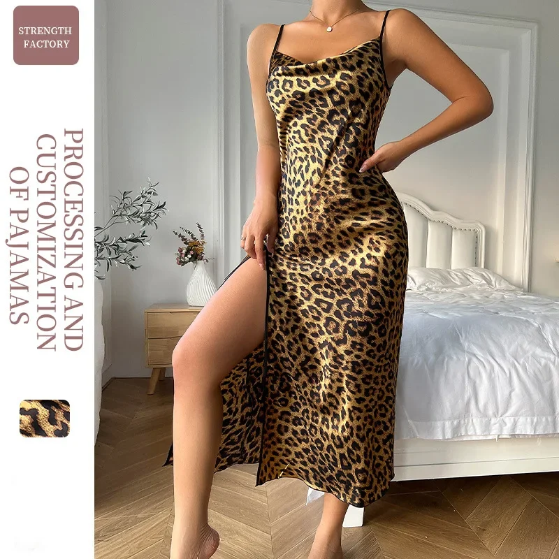 Ice Silk Slip Dress Summer Thin Breathable Women's Dress Sexy Leopard Print Pajamas Open Back Split Nightdress Silk Pajamas