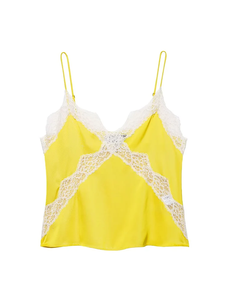 TFMLN Sexy Women Neckline Lace Spliced Thin Sling Top Fashion Soft Satin Sling Camisoley 2025 New Sleeveless Summer Clothing