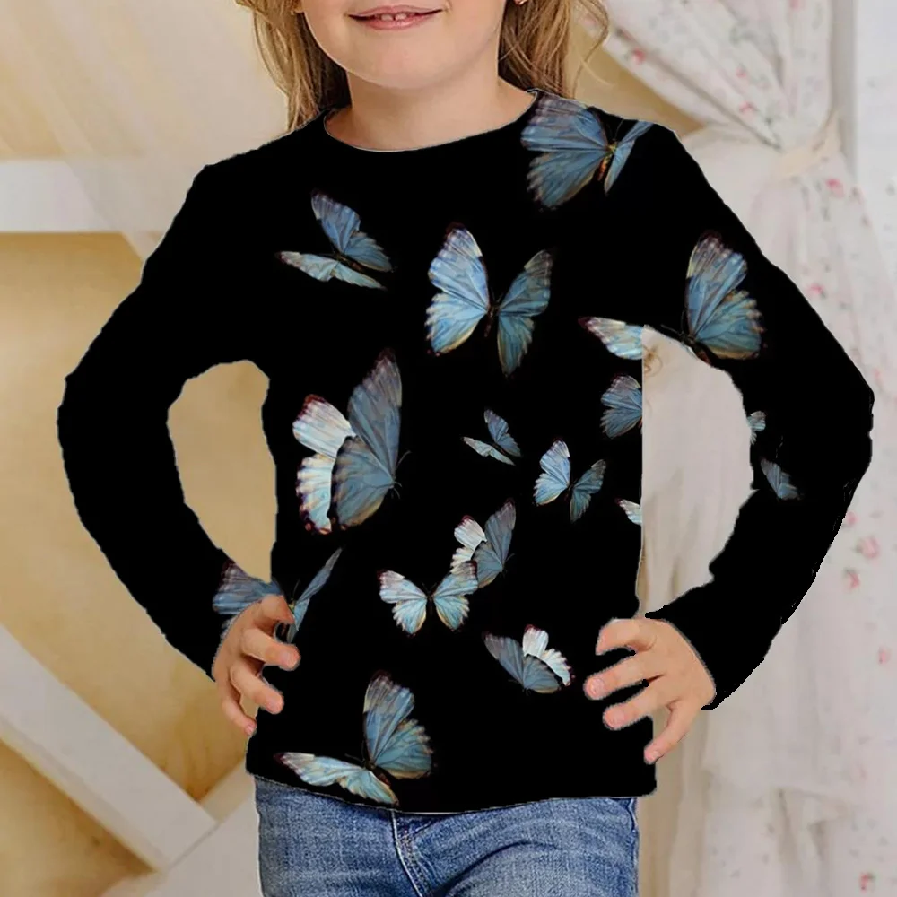 Vestiti ragazze da 4 a 12 anni farfalla glow nero manica lunga t-shirt bambini 2023 moda autunno top per bambini magliette