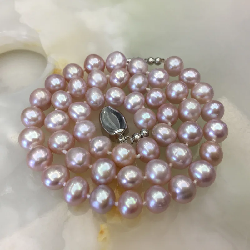 Pink Purple 8-9mm near Round Strong Light Natural Freshwater Pearl Necklace for Women