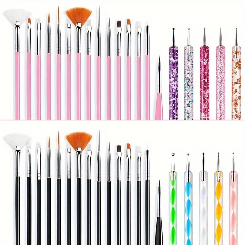 20Pcs Nail Art Brush Design Tip Painting Drawing Carving Dotting Pen FlatFan Liner Acrylic Gel UV Polish Manicure Tools