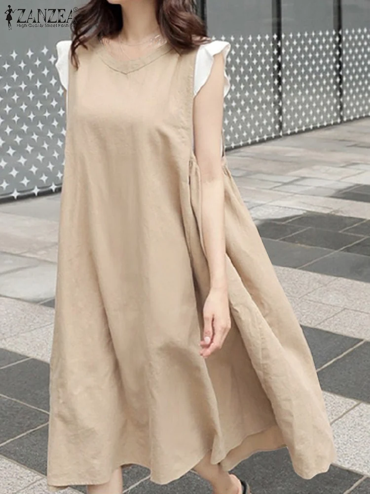 

ZANZEA Solid Sleeveless Sundress Women Loose Robe Oversize 2023 Summer Midi Dress Colorblock Ruffles V-neck Fashion Long Dresses
