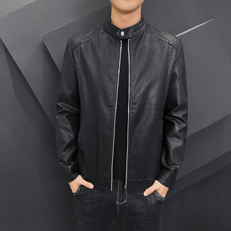 

Мужская куртка из искусственной кожи, приталенная мотоциклетная куртка с воротником-стойкой для отдыха, новинка 2023