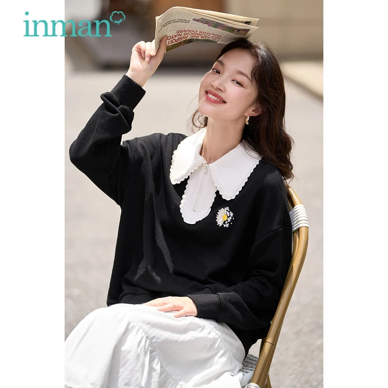INMAN Women Sweatshirts 2023 Autumn Long Sleeves Lace Lapel Loose Hoodies Contrast Pearl Embroidery Casual All-match Black Tops