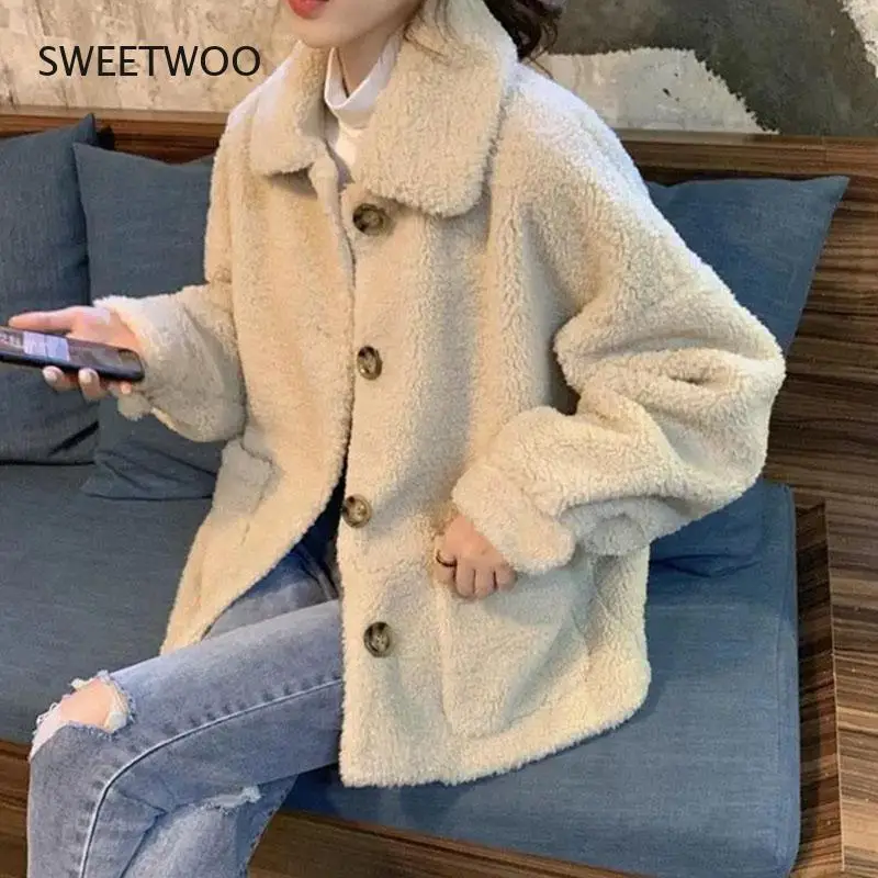 Autumn Winter Lamb Wool Coat Women Korean Turndown Collar Teddy Overcoat Female Harajuku Warm Faux Fur Jackets Outwear Natural lamb wool autumn winter coat women jacket fleece shaggy warm cropped jackets overcoat zipper outwear coats for women