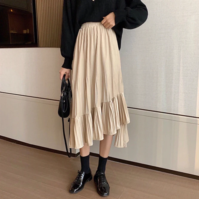 2021 New Woman Golden Velvet Pleated High Waist Slim Casual Skirt Mid Length Autumn Winter A-line Skirt Girl Daily Beige brown skirt