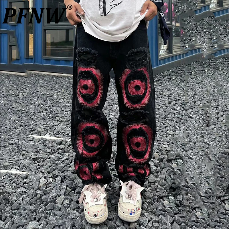 

PFNW Spring Summer New Men's Embroidery Print Y2k Jeans Fashion High Street American Straight Loose Hole Handsome Pants 28A2655