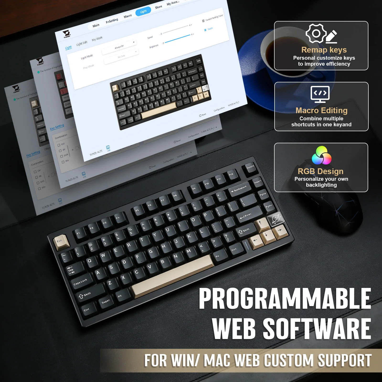 YUNZII AL75 PRO Black Aluminum Gaming Keyboard, 75% Gasket