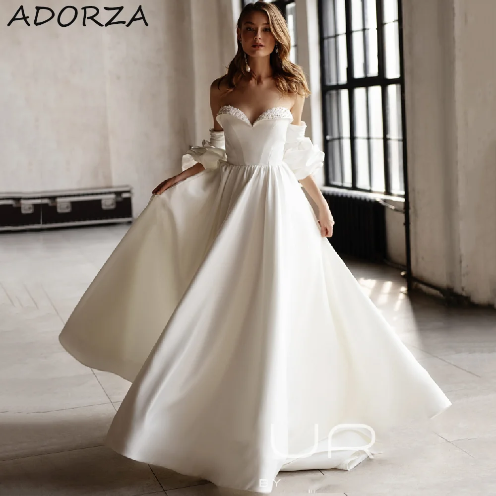 

Adorza A-line Wedding Dresses For Woman Charming Gorgeous Strap Less Beading Detachable Sleeves Court Train Vestidos De Novia