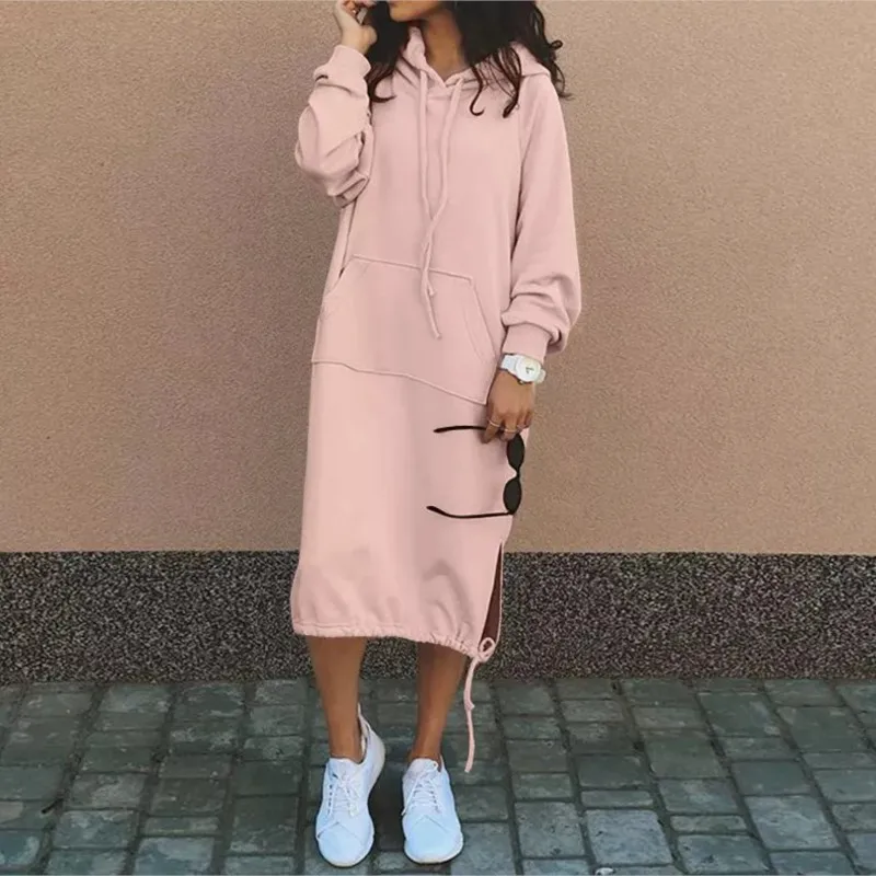 

Chic Femme Hoodie Dress Long Hooded Sweatshirts Dress Women Casual Solid Long Sleeve Maxi Dresses Winter Clothes Warmer Vestidos