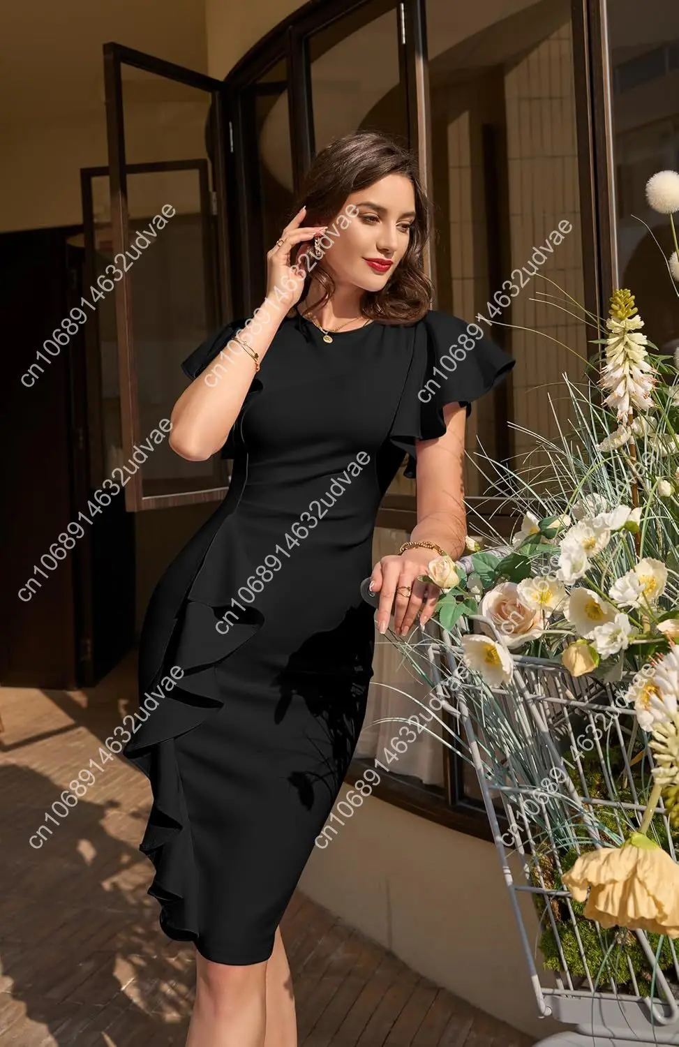 MISSMAY Women's Vintage Floral Lace Ruffle Sleeve Cocktail Party Slim