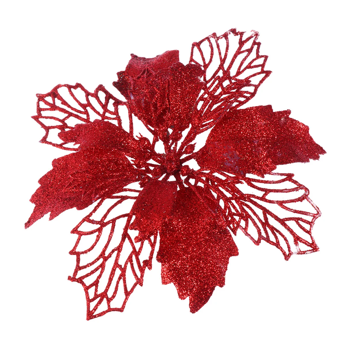 

12 Pcs Glitter Poinsettia Flowers Hollow Artificial Flowers Christmas Ornaments Xmas Tree Hanging Pendant (Red)