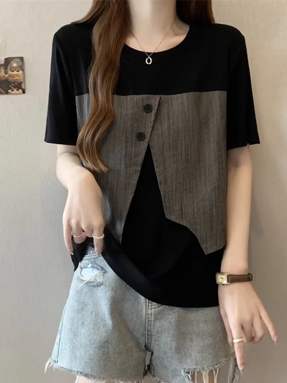 Summer Women's ort Sve T-irt plus Size Hide Belly Splice oulder High Faion Top Korean Sle Loose Fit round Ne