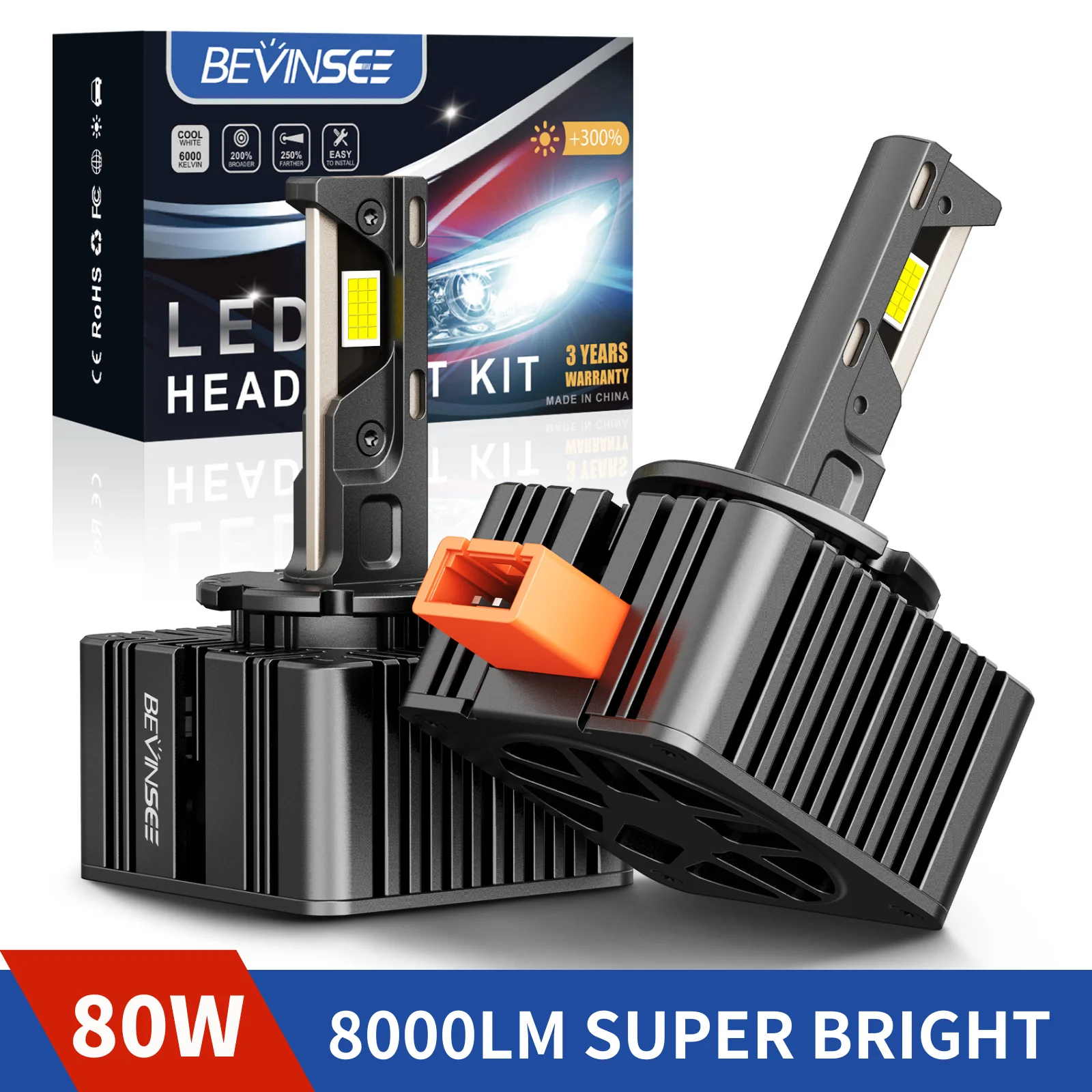 BEVINSEE D3S D3R LED CANBUS Scheinwerferlampen D1S D1R D2S D2R D5S 80W 8000LM HID Xenon Ersatzset LED Autolichter 6000K 12V