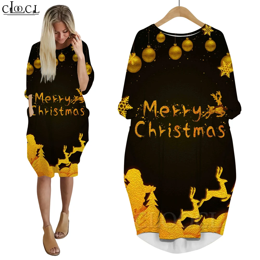 

CLOOCL Merry Christmas Dress Golden Glow Reindeer 3D Print Long Sleeve Evening Dresses Party Clothing Midi Dresses for Women