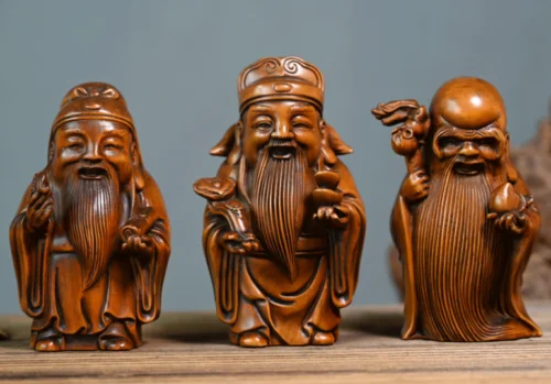 

GY032 - 10.5 CM Tall Carved Boxwood Figurine Carving - Set of 3 Star Gods Sculpture Home Decor