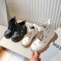 Girl's Ankle Boot Sweet Fashion Embroider Children Spring Autumn Leather Boots Causal Versatile Kid Princess Shorts Single Boots 2