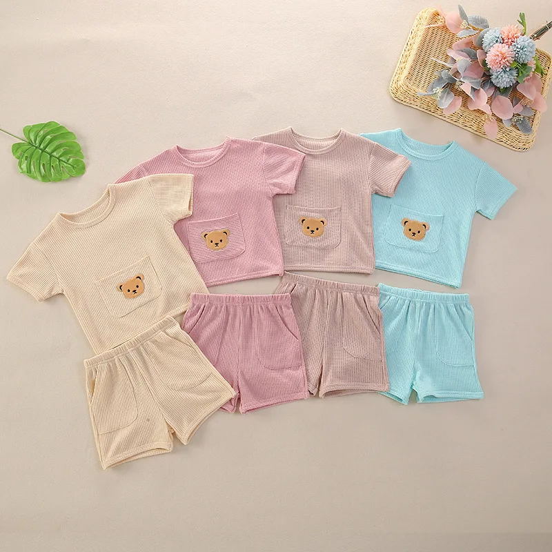 

2PCS Kids Baby Tee + Shorts Suits Summer Infant Girls Boys Bear T-shirts Short Pants Outfits Clothing Casual Waffle Tops Set