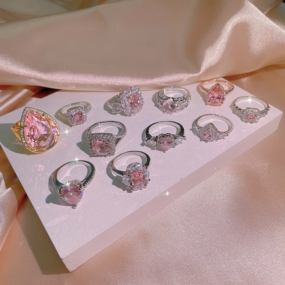 2024 NEW Classic 925 Silver Inlaid Zircon Engagement Ring Pink Crystal Women Shiny Zircon Jewelry Heart-shaped Pink Women's Ring 3