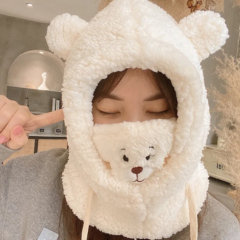 

Cartoon Bear Ear Lamb Beanie Hat With Mask Warm Balaclava Winter Thickened Ear Protection Autumn Skullies Beanies For Girl