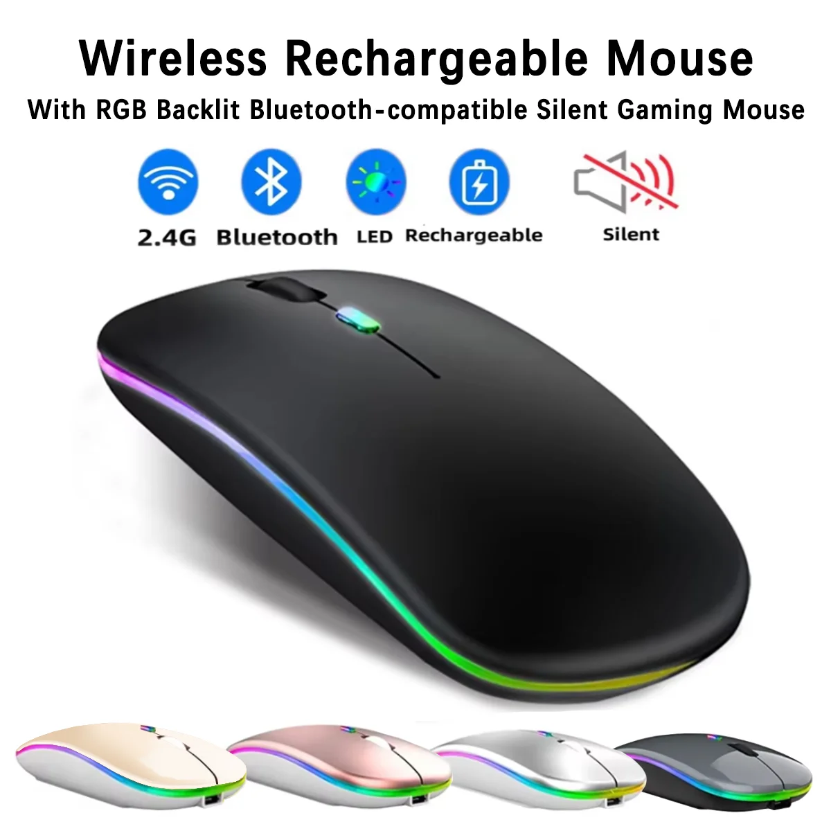 RGB Gaming Mouse Wireless Bluetooth-compatible USB Rechargeable LED Backlit Silent Design for iPad Laptop PC Gamer