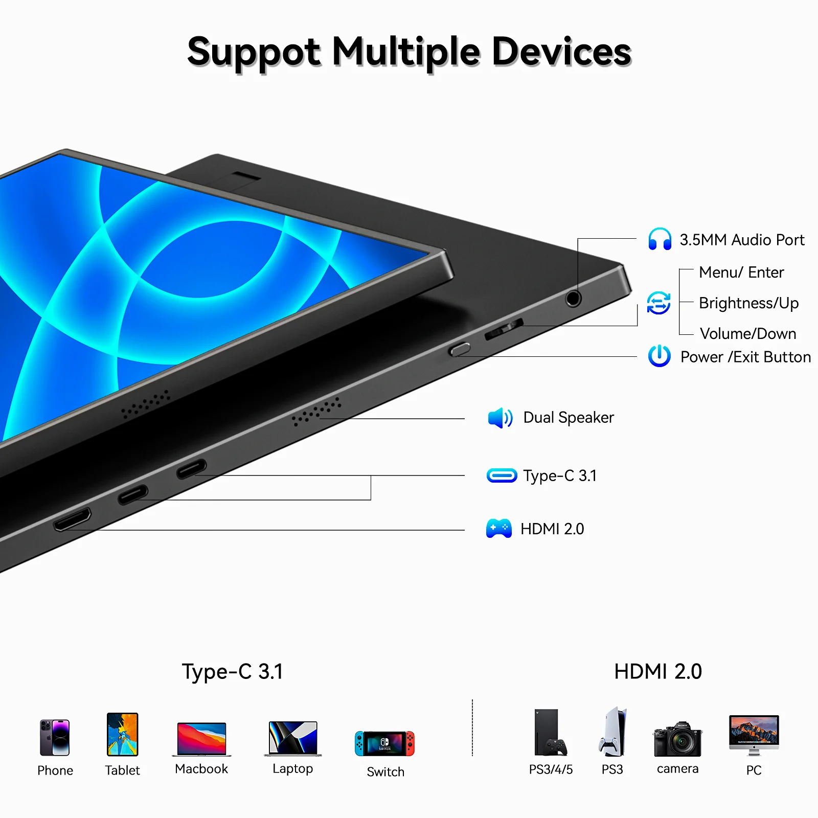 15.6inch 60HZ Gaming Portable Monitor 16:9 1080P IPS Display LCD FHD External Second Computer Screen for Phone gaming portable monitor
