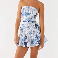 Women's Ruched Tube Top Dress Strapless Sleeveless Slim Fit Flare Dress Summer Clubbing Dress