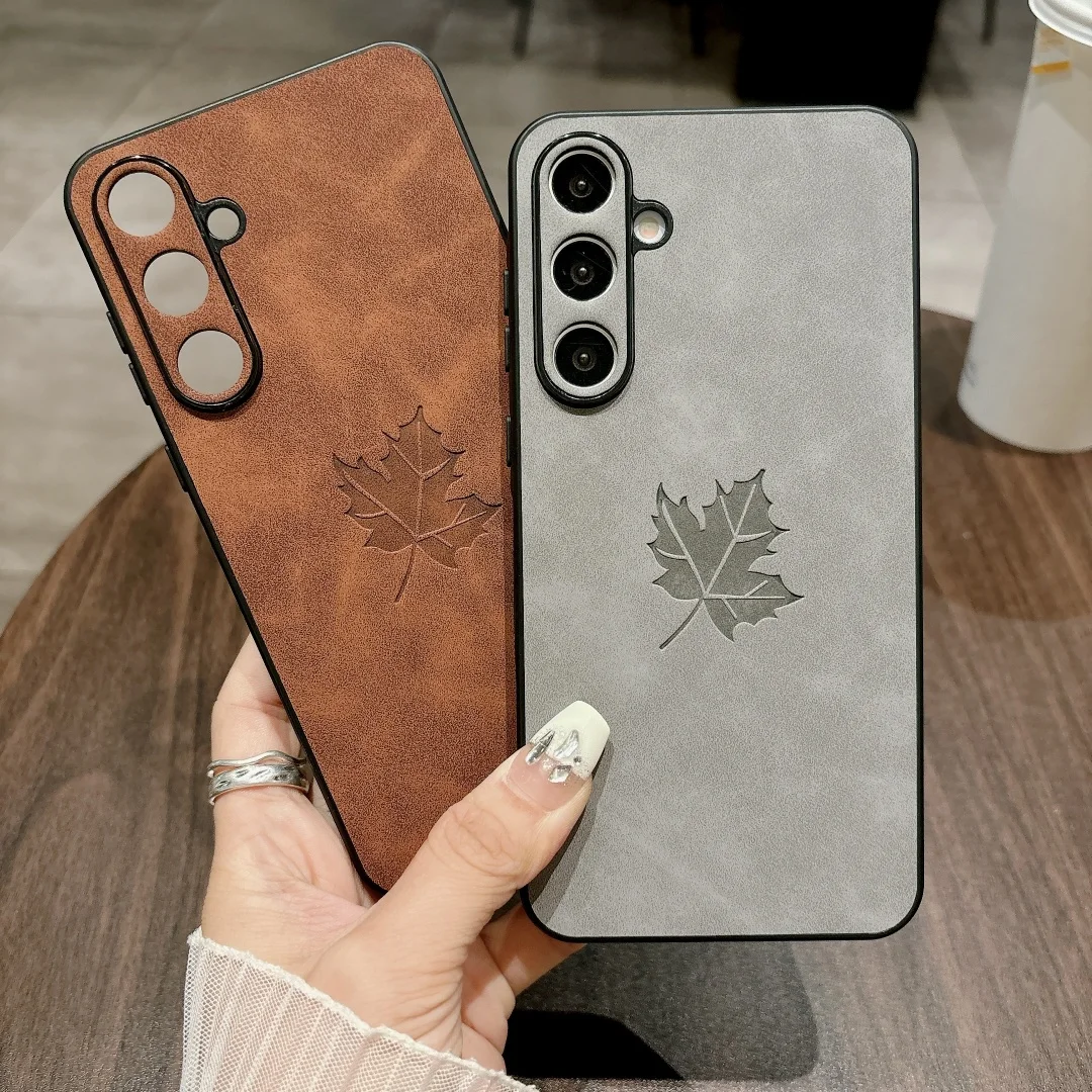 Retro Maple Leaf Pattern PU Leather Phone Case with Silicone Cover