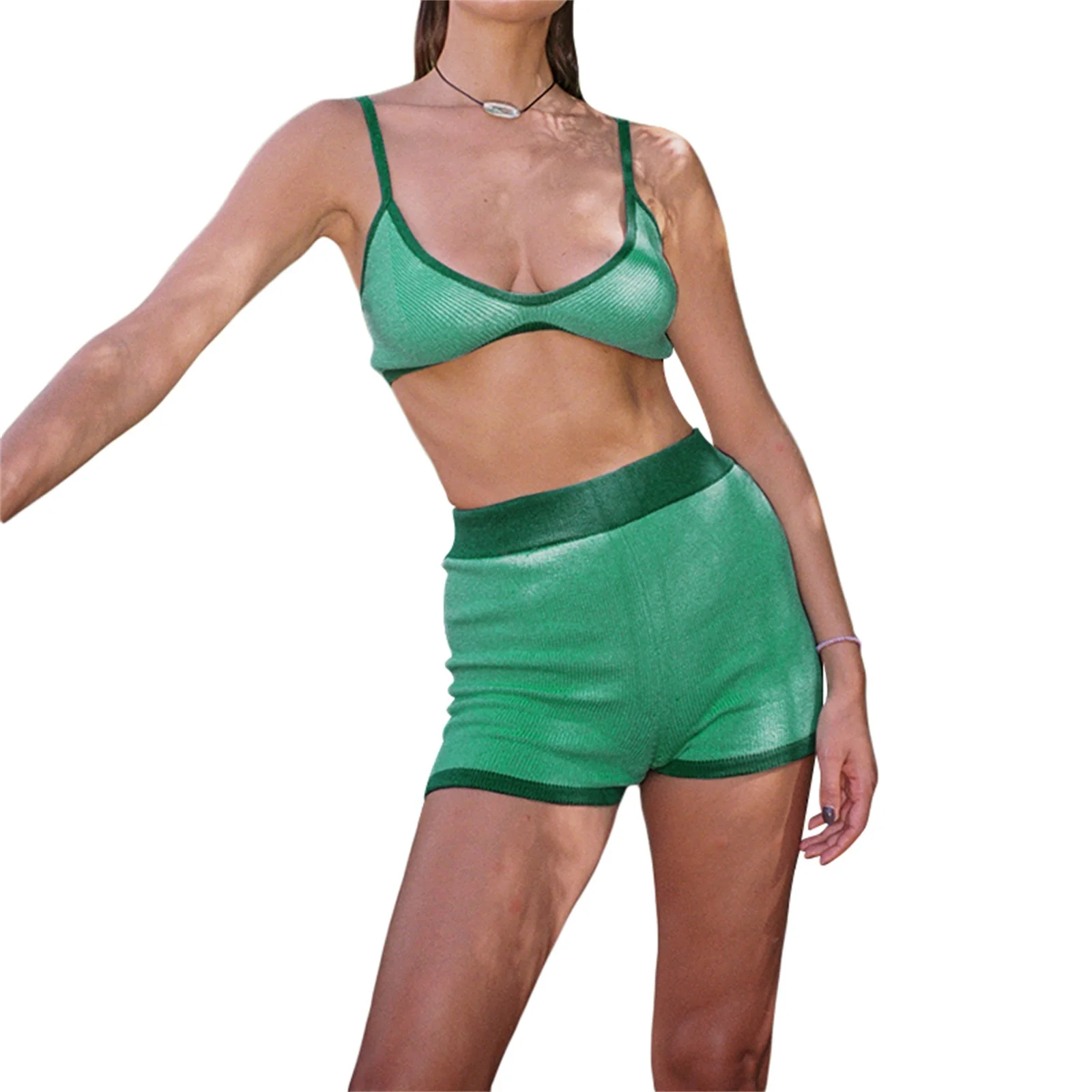 

Women Summer ​Fashion Knitted Shorts Set Contrast Color Camisole with Elastic Waist Shorts Outfit
