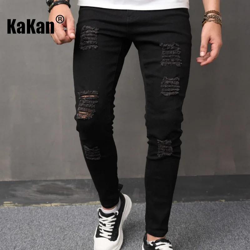 

Kakan - New European and American Distressed Small Foot Slim Fitting Jeans for Men, Tight Casual Black Pants K49-804