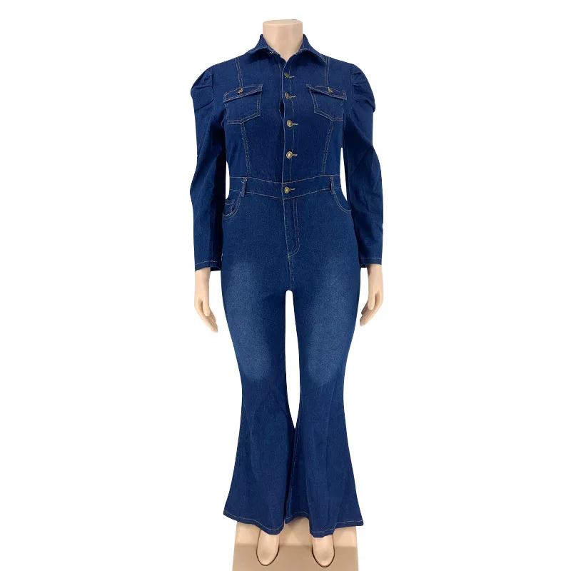 Plus Size Women Jean Jumpsuits Solid V Neck Button One Piece Outfit Autumn Fashion Denim Jumpsuit Female 2023 Spring Flare Pants