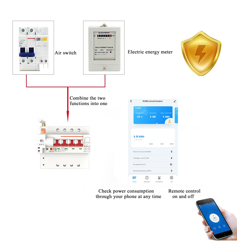 Tuya Smart Life APP RCBO Circuit Breaker with Power Monitoring 4P WiFi RCBO MCB