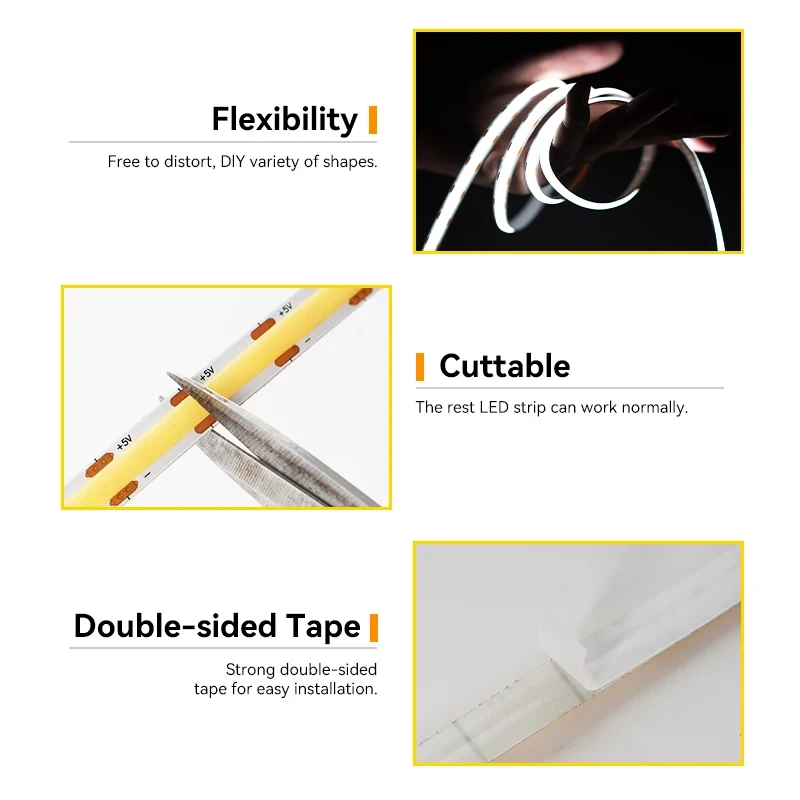 5V USB COB LED Strip Light 1-3m Flexible Tape 320LEDs/m Gesture Sensor Control/Push-button Switch High-Density RA90 TV Backlight