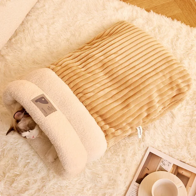 Pet Sleeping Bag Winter Warm Soft Plush Semi Enclosed Cat Nest Sleeping Bag Home Cat and Dog Comfortable Bed Accessories 4