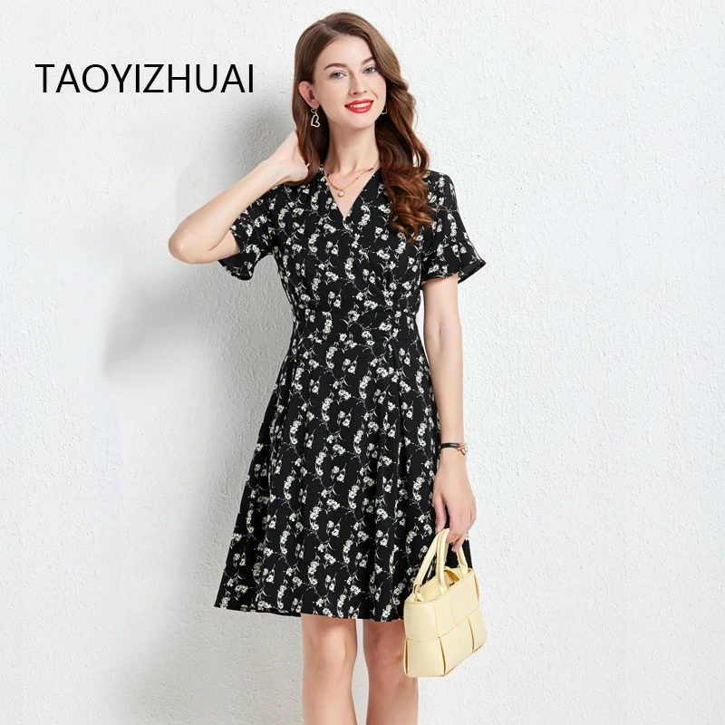 

TAOYIZHUAI Brand V-Neck Fragmented Chiffon Dress Summer New Flare Sleeves Large A-line Slim Versatile Dress