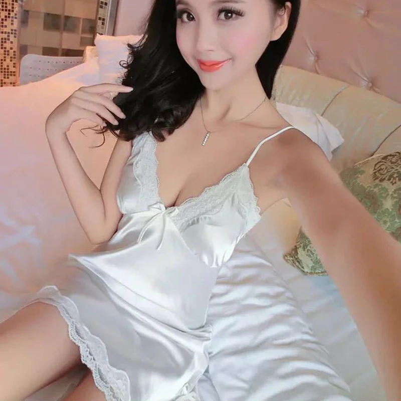 Sleepwear lingerie Women Sexy Spaghetti Strap Sleeping Dress Women Deep V-Neck Lace Slim Sleepwear