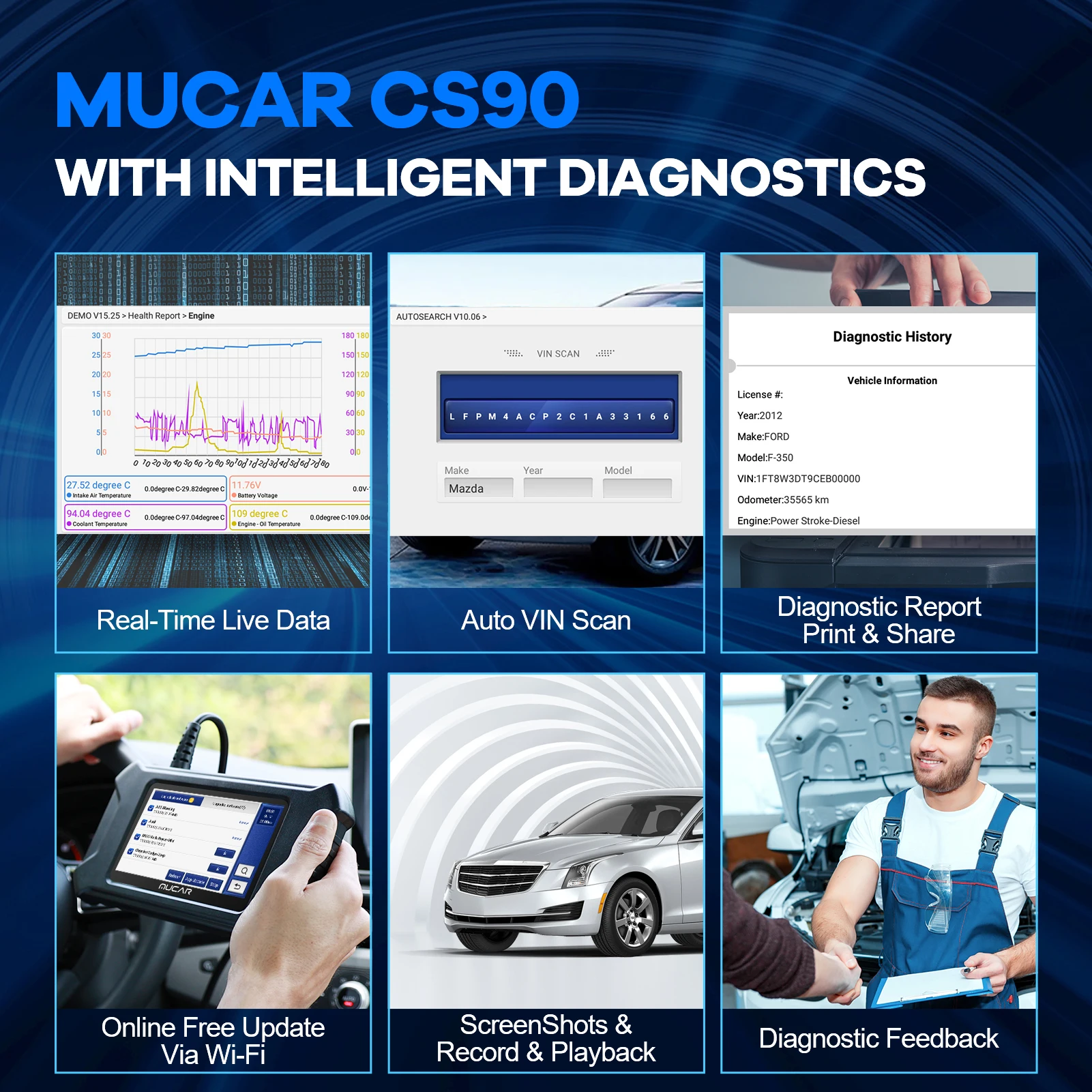 MUCAR CS90 ECM 시스템 자동차 OBD2 진단 도구, 자동차 OBD 스캐너, 오일 EPB BAT SAS ABS DPF AT 에어백 28 리셋, 무료 업데이트