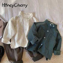 

HoneyCherry Spring new boys and girls solid color stand collar shirt kids fashion girl baby girl long sleeve tops
